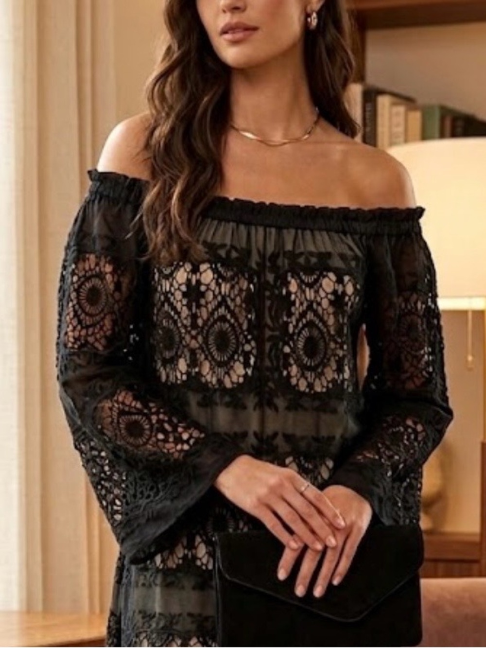 Liv Los Angeles black off shoulder lace mini dress with nude lining small
